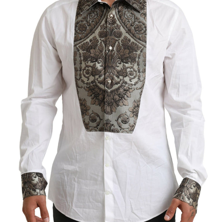 Dolce & Gabbana White GOLD Floral Brocade Cotton Formal Shirt