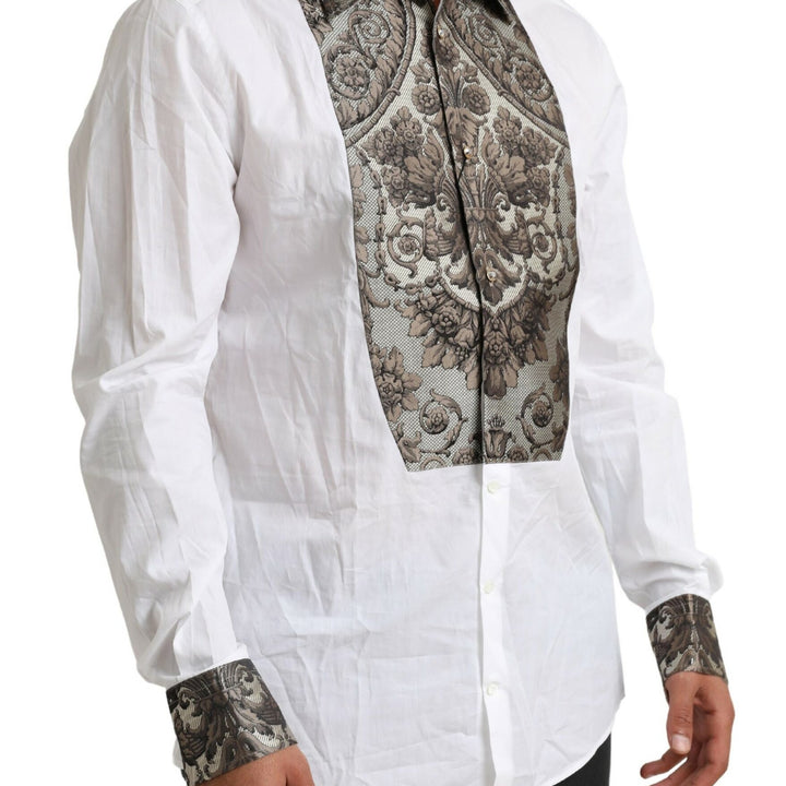 Dolce & Gabbana White GOLD Floral Brocade Cotton Formal Shirt