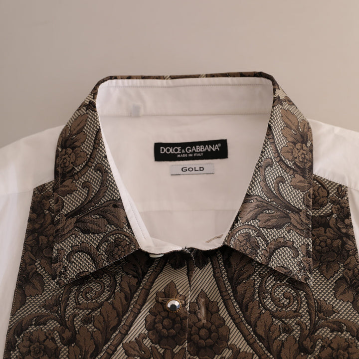 Dolce & Gabbana White GOLD Floral Brocade Cotton Formal Shirt