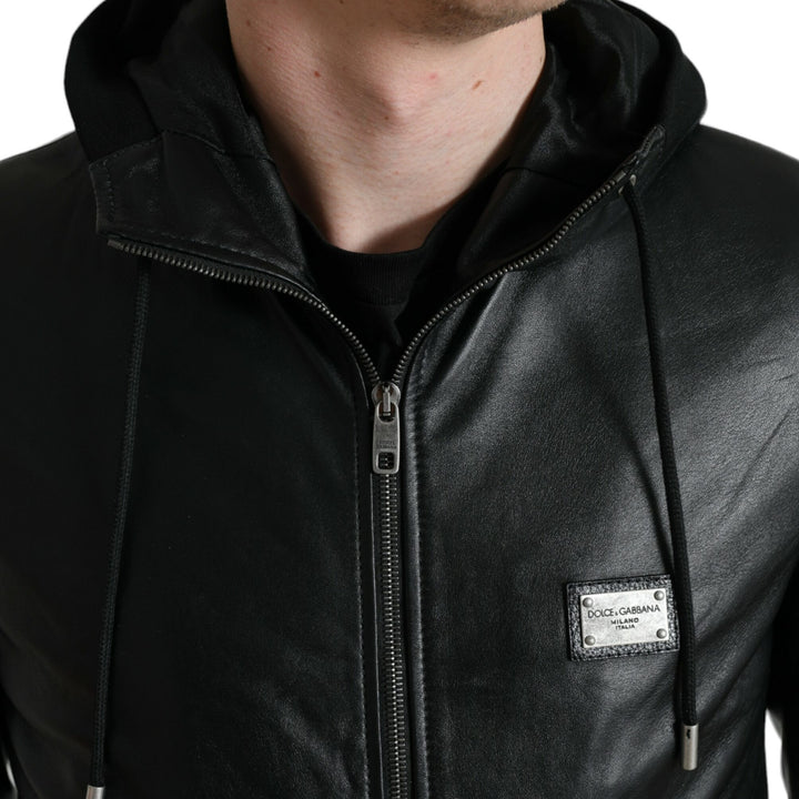 Dolce & Gabbana Black Leather Hooded Full Zip Logo Jacket