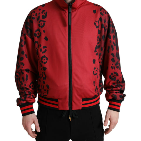 Dolce & Gabbana Red Leopard Polyester Bomber Full Zip Jacket