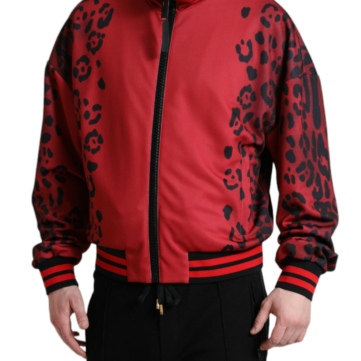 Dolce & Gabbana Red Leopard Polyester Bomber Full Zip Jacket