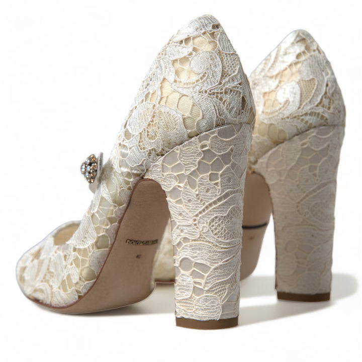 Dolce & Gabbana White Lace Crystals Heels Sandals Shoes