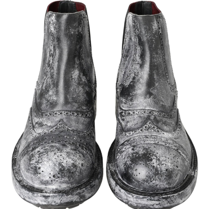 Dolce & Gabbana Black Gray Leather Ankle Boots