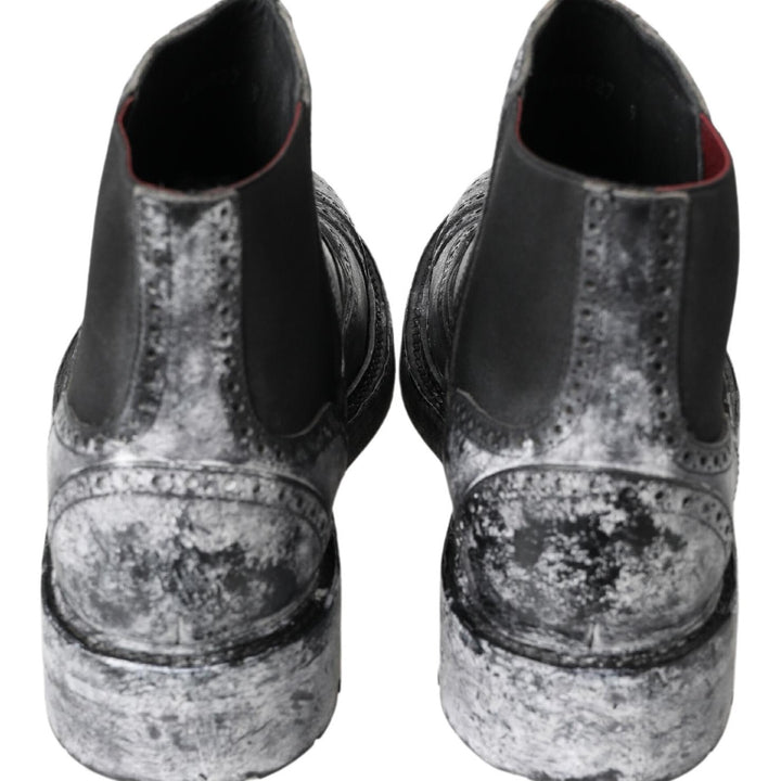 Dolce & Gabbana Black Gray Leather Ankle Boots