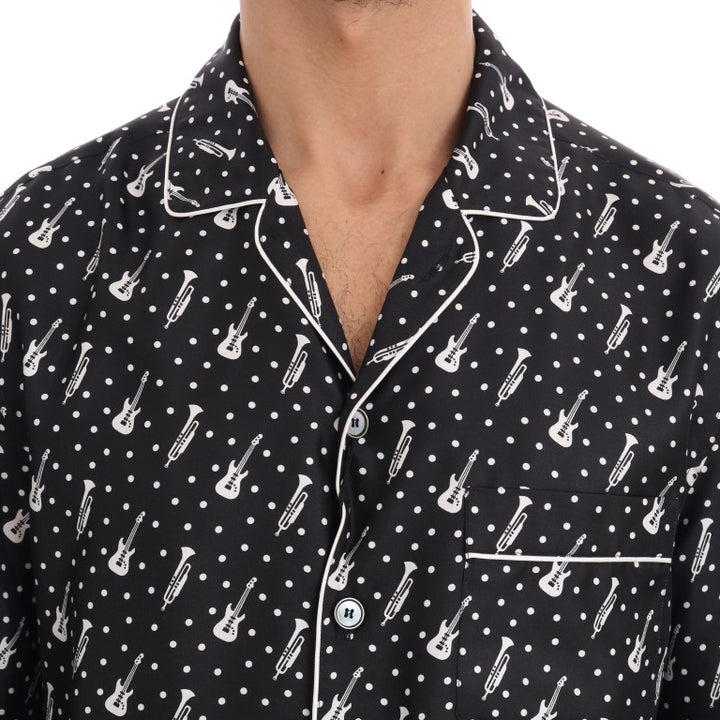 Dolce & Gabbana Black Silk White JAZZ Print Casual Shirt