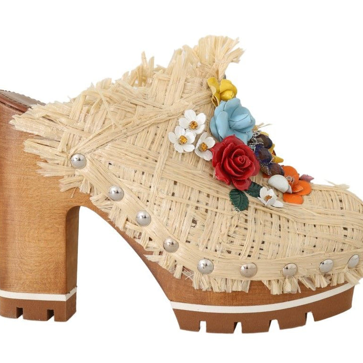 Dolce & Gabbana Beige Raffia Mules Floral Slides