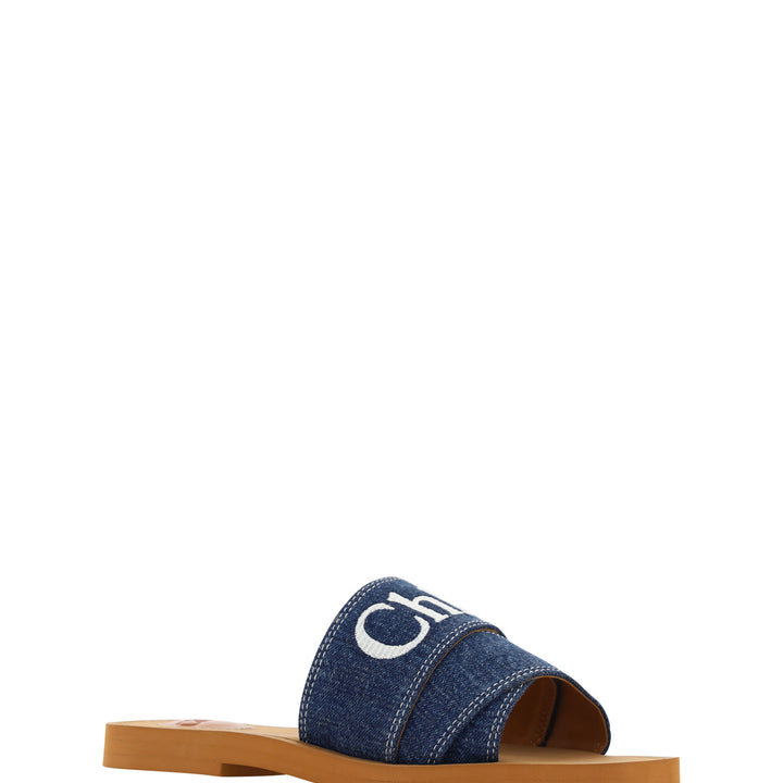 Chloé Denim Blue Cotton Slides Woody Sandals