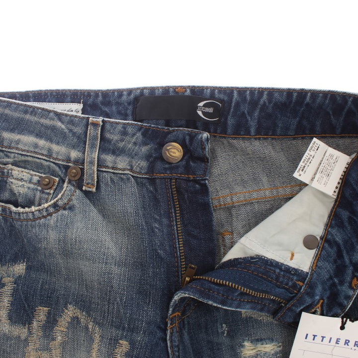 Cavalli Blue Wash Torn Cotton Straight Fit Jeans