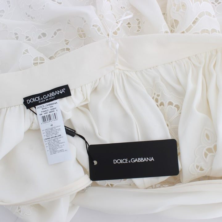 Dolce & Gabbana White Silk Floral Ricamo Knee Skirt