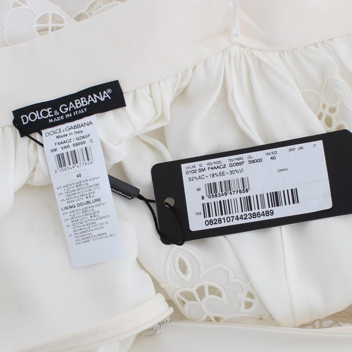 Dolce & Gabbana White Silk Floral Ricamo Knee Skirt
