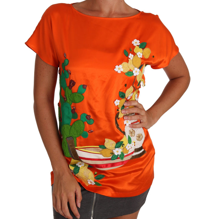 Dolce & Gabbana Silk Orange Lemon Crystal T-shirt Top