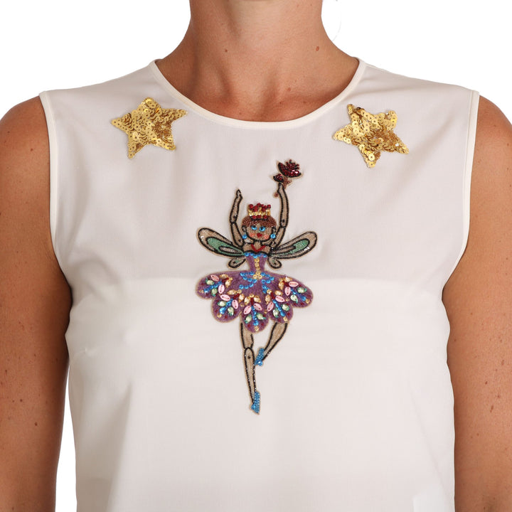 Dolce & Gabbana White Silk Embellished Crystal Sequin Fairy Top