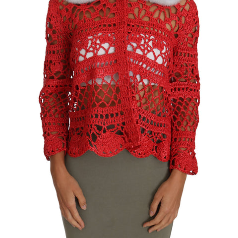 Dolce & Gabbana Red Cardigan Crochet Knit Raffia Sweater