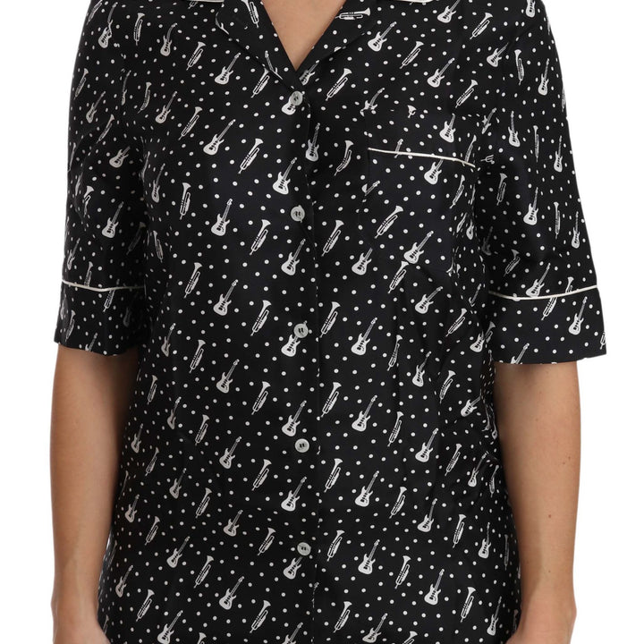 Dolce & Gabbana Black Guitar & Trumpet Print Silk Shirt Top