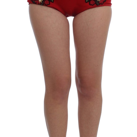 Dolce & Gabbana Red Silk Crystal Roses Shorts