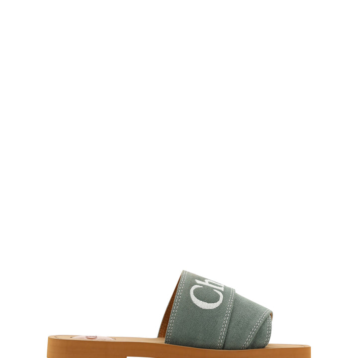 Chloé Forest Green Cotton Slides Woody Sandals