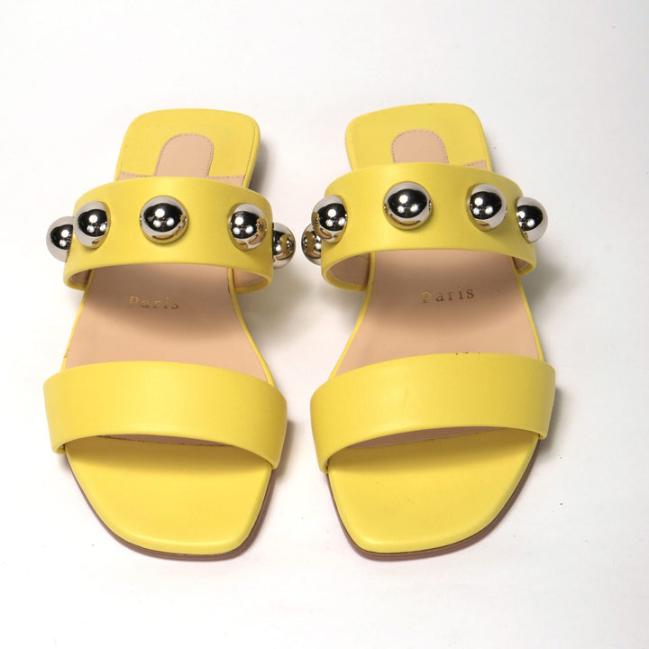 Christian Louboutin Bright Yellow Silver Wide Strap Studded Flat