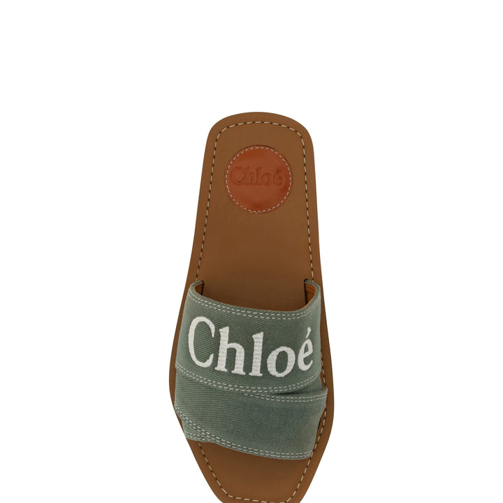 Chloé Forest Green Cotton Slides Woody Sandals