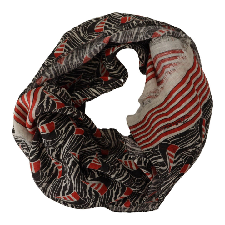 Dolce & Gabbana Black Red Linen Sailboat Stripe Print Shawl Scarf