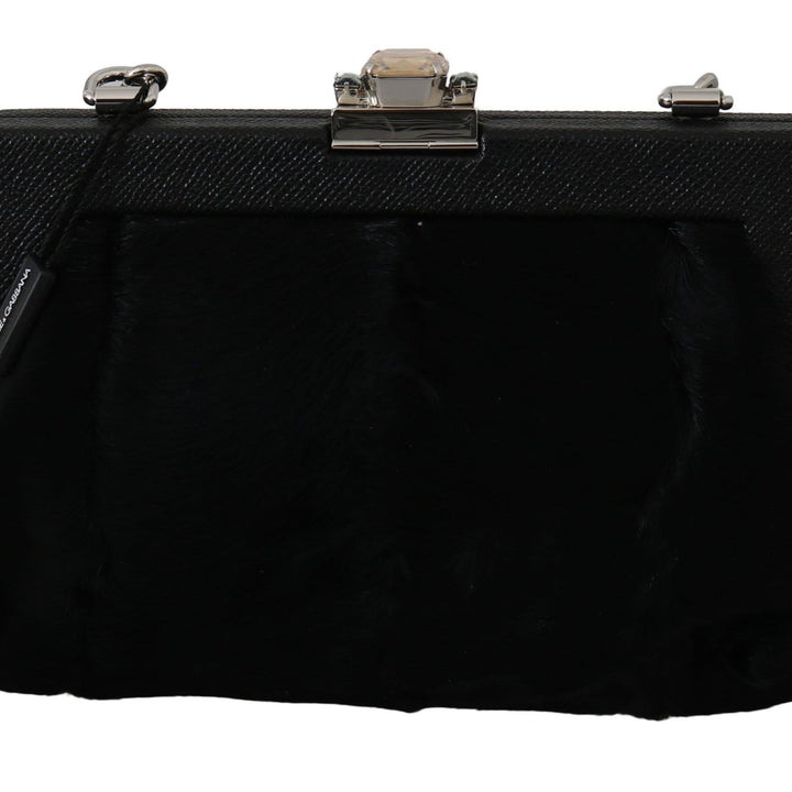 Dolce & Gabbana Black Fur Brocade Crystal Shoulder VANDA Purse