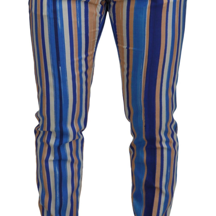 Dolce & Gabbana Blue Striped Silk Cotton Slim Trousers Pants