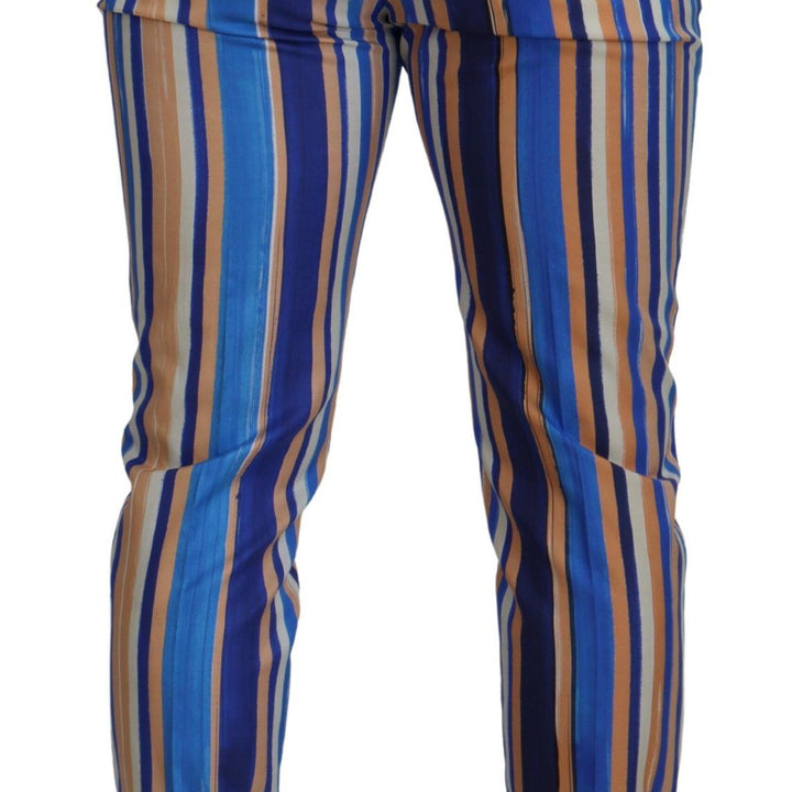 Dolce & Gabbana Blue Striped Silk Cotton Slim Trousers Pants