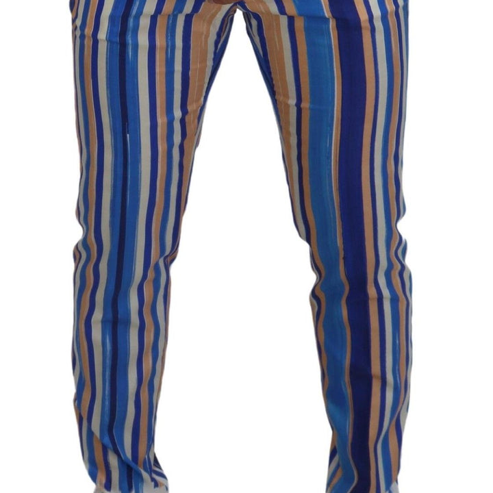 Dolce & Gabbana Blue Striped Silk Cotton Slim Trousers Pants