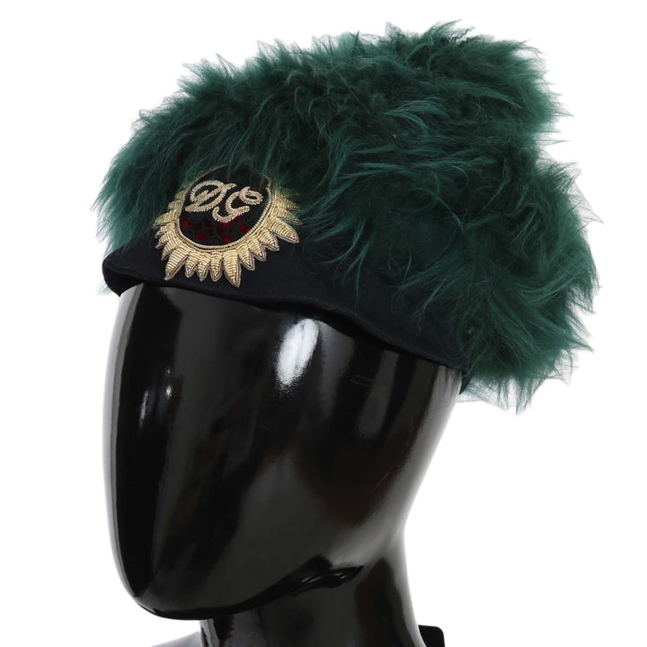 Dolce & Gabbana Green Fur DG Logo Embroidered Cloche Hat