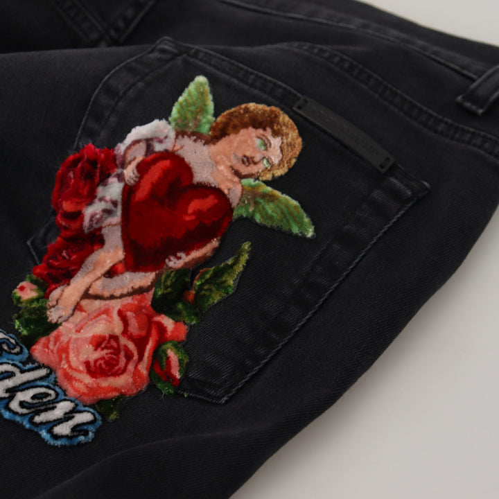 Dolce & Gabbana Black Cotton Patch Embroidery Denim Jeans