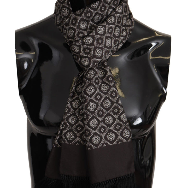 Dolce & Gabbana Black Silk Geometric Logo Print Shawl Fringe Scarf