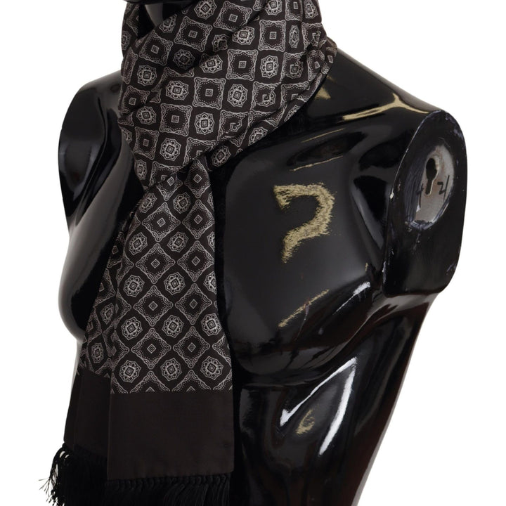 Dolce & Gabbana Black Silk Geometric Logo Print Shawl Fringe Scarf