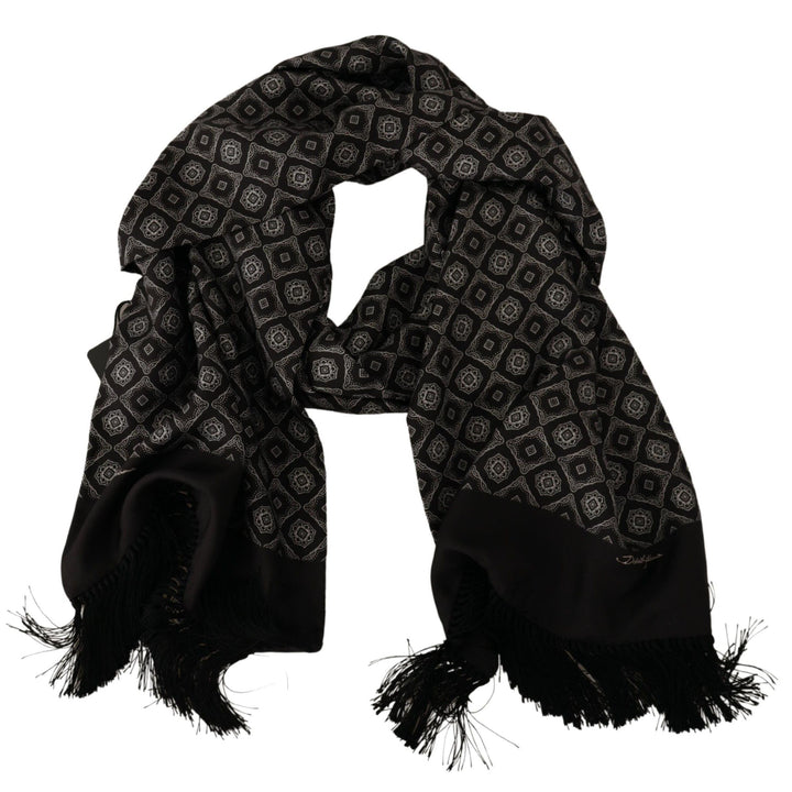 Dolce & Gabbana Black Silk Geometric Logo Print Shawl Fringe Scarf