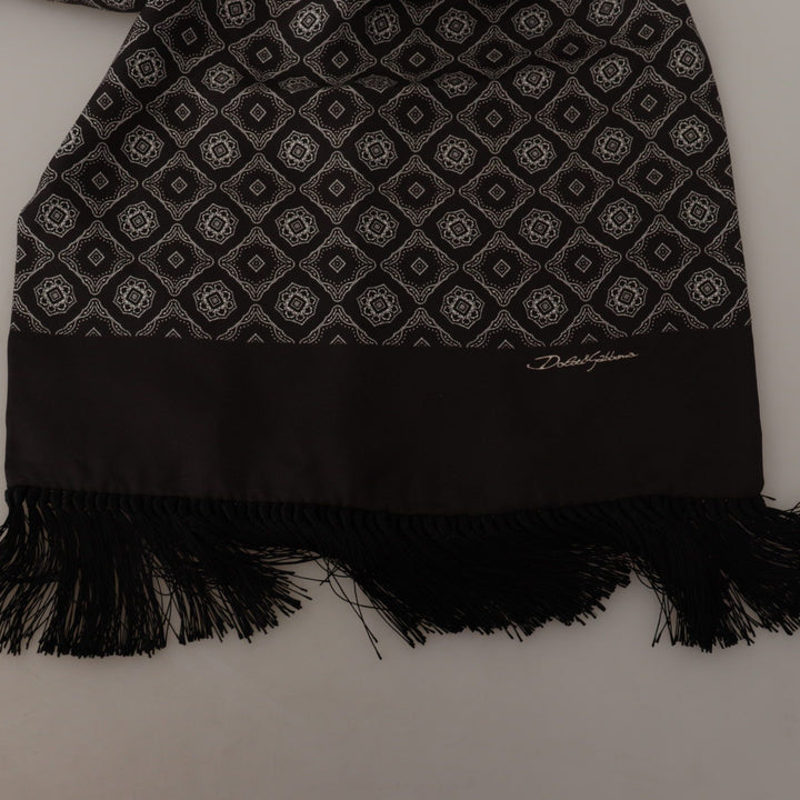 Dolce & Gabbana Black Silk Geometric Logo Print Shawl Fringe Scarf