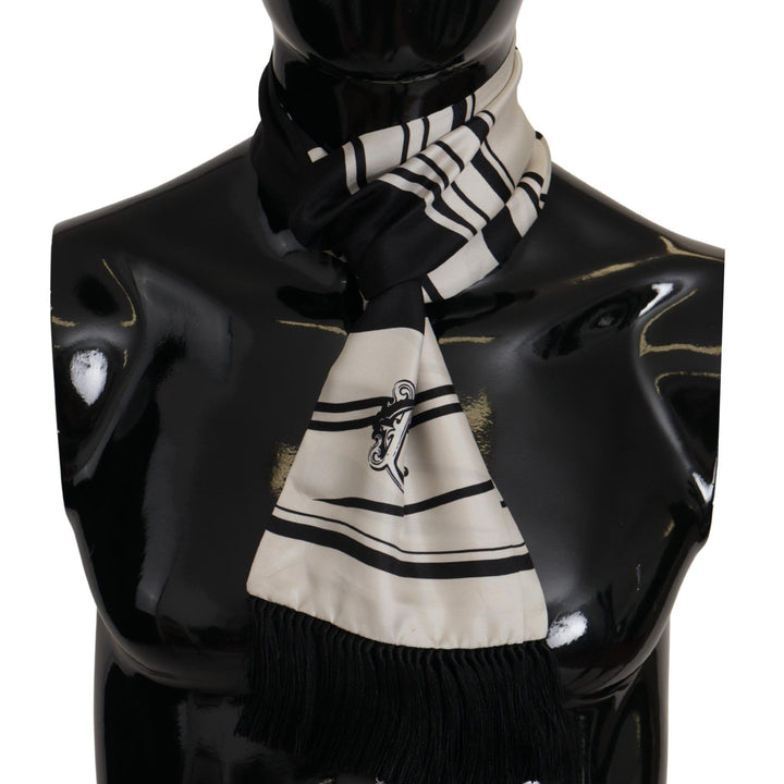 Dolce & Gabbana Black White Silk Striped Print Logo Fringe Scarf