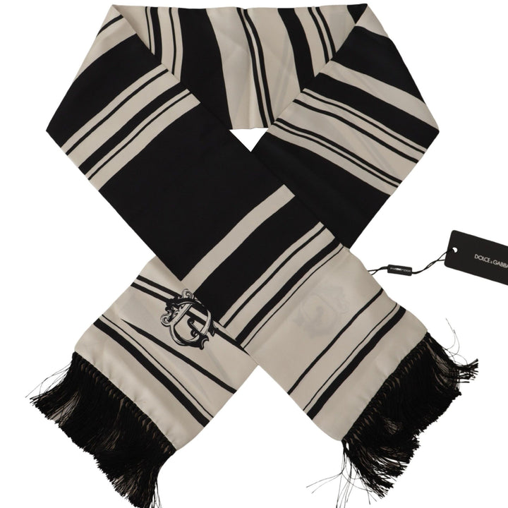 Dolce & Gabbana Black White Silk Striped Print Logo Fringe Scarf