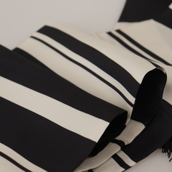 Dolce & Gabbana Black White Silk Striped Print Logo Fringe Scarf