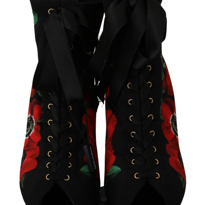 Dolce & Gabbana Black Red Roses Ankle Booties Shoes