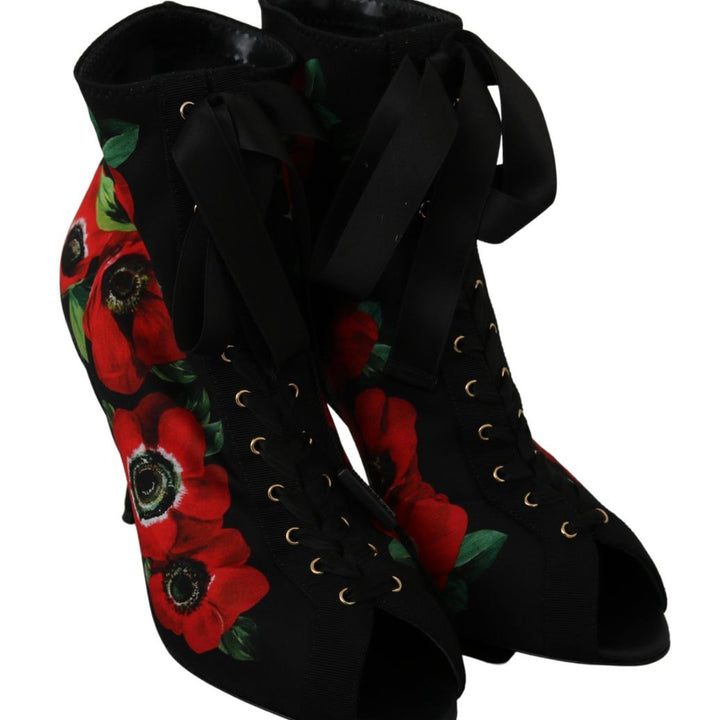 Dolce & Gabbana Black Red Roses Ankle Booties Shoes