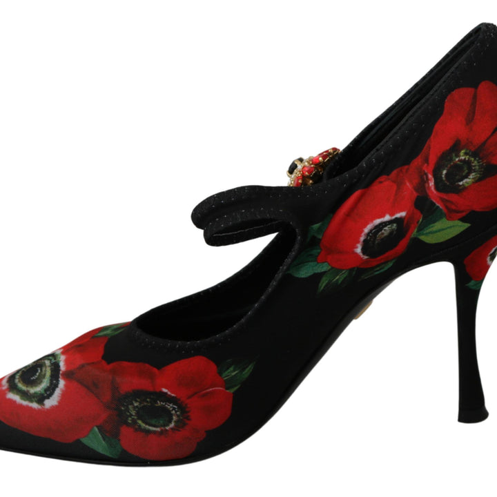 Dolce & Gabbana Black Red Floral Mary Janes Pumps Shoes