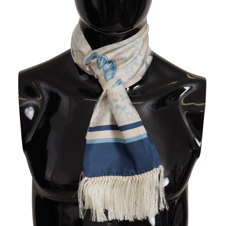 Dolce & Gabbana Blue Silk Shell Print White Shawl Fringes Scarf