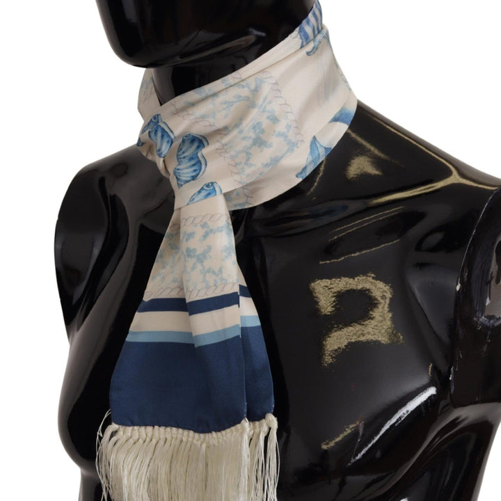 Dolce & Gabbana Blue Silk Shell Print White Shawl Fringes Scarf