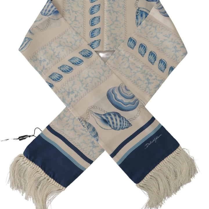 Dolce & Gabbana Blue Silk Shell Print White Shawl Fringes Scarf