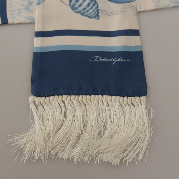 Dolce & Gabbana Blue Silk Shell Print White Shawl Fringes Scarf