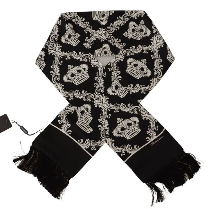 Dolce & Gabbana Black Silk Royal Crown Print Logo Shawl Fringe Scarf