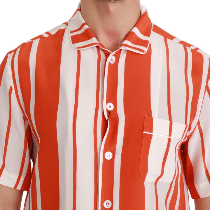 Dolce & Gabbana Orange Silk Striped Short Sleeve White Shirt