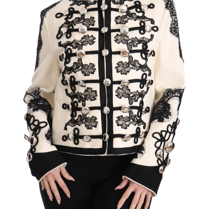 Dolce & Gabbana White Wool Black Floral Baroque Jacket