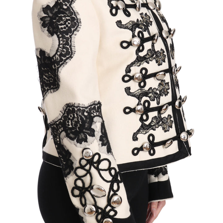 Dolce & Gabbana White Wool Black Floral Baroque Jacket