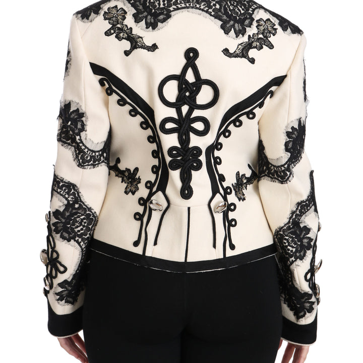 Dolce & Gabbana White Wool Black Floral Baroque Jacket