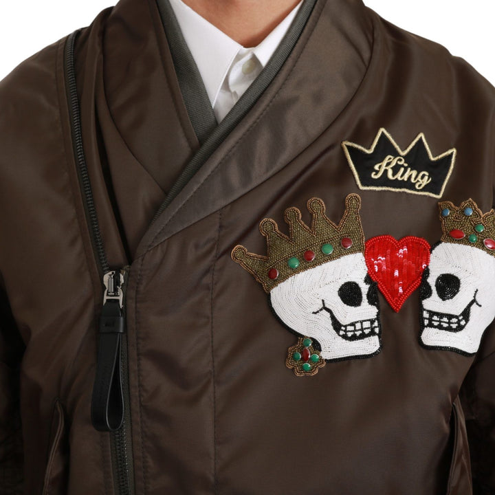 Dolce & Gabbana Brown Beaded Crown Skull Logo Jacket